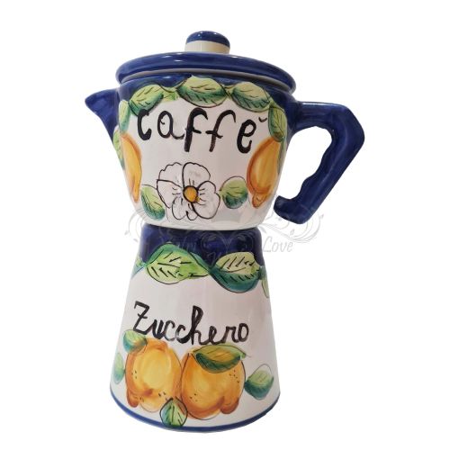 Kaffeemaschine. Zucker und Kaffee. Handbemalte Vietri-Keramik.