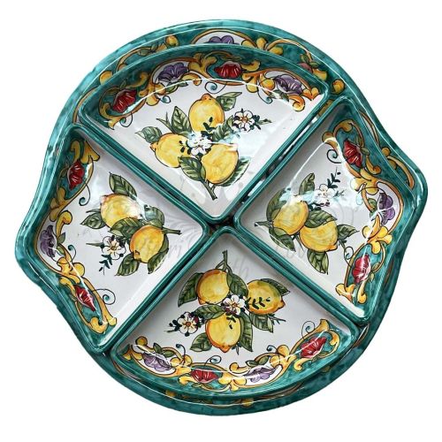 Appetizer Platter. Cold Dinner. 5 Pieces. Lemon Line. Vietri Ceramic. Hand-Painted.
