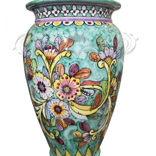 Umbrella holder vase Copper green background and flowers, handpainted Vietri ceramic