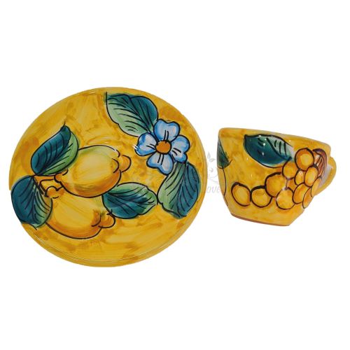 Coffee cup with saucer. Fruit & Lemon Line. Vietri ceramic. Hand-painted.