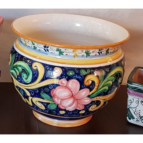 Cachepot Portapianta decoro floreale. Ceramica di Vietri dipinta a mano.
