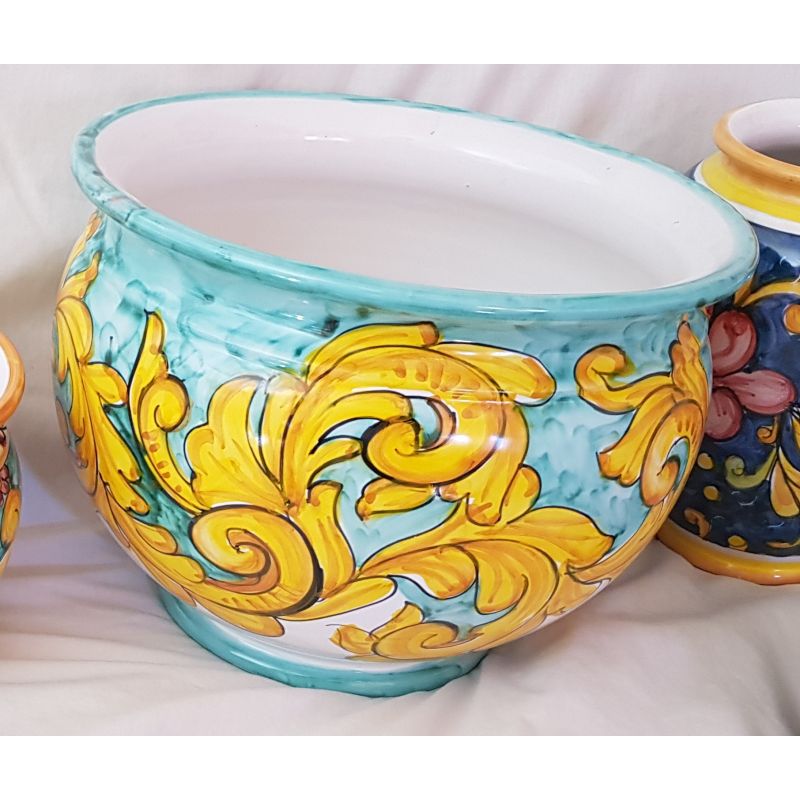 Cachepot Portapianta decoro barocco verde ramina. Ceramica di Vietri dipinta a mano.