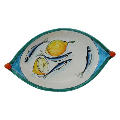 Piatto Forma Barchetta. Linea Limoni e Sardine. Ceramica di vietri dipinta a mano.