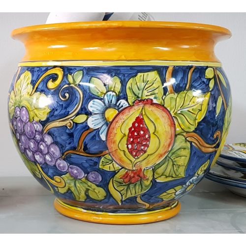 Cachepot Portapianta decoro frutta. Ceramica di Vietri dipinta a mano.