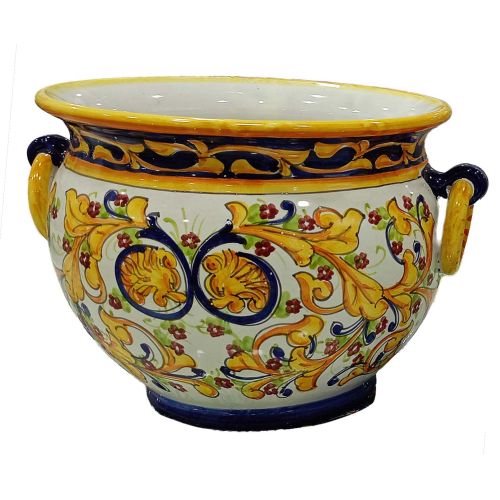 Cachepot Plant Holder Positano style with Leaves. Hand-painted Vietri ceramic.