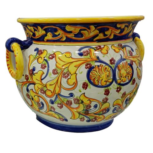 Cachepot Plant Holder Positano style with Leaves. Hand-painted Vietri ceramic.