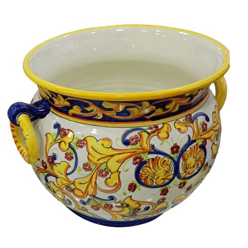 Cachepot Plant Holder Positano style with Leaves. Hand-painted Vietri ceramic.