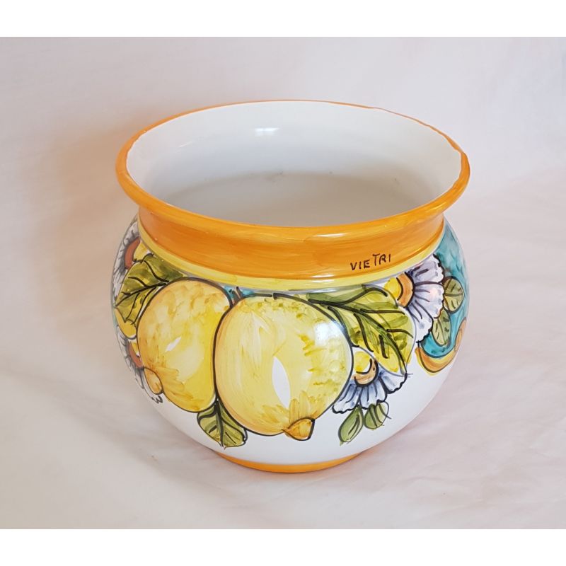 Cachepot Portapianta fondo bianco bordo arancio, decoro limoni Ceramica di Vietri dipinta a mano