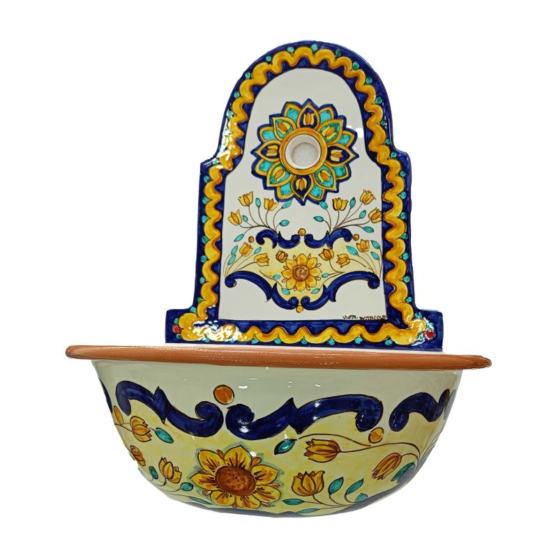 Wall garden fountain with tub. Baroque and Flowers line. handpainted Vietri ceramic
