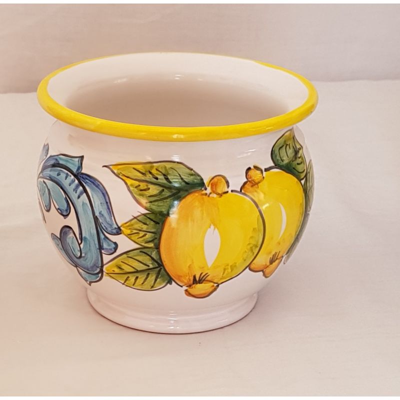 Cachepot Portapianta fondo bianco bordo giallo, decoro limoni Ceramica di Vietri dipinta a mano