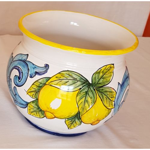 Plant holder white  Background yellow, Lemons Line . handpainted Vietri ceramic