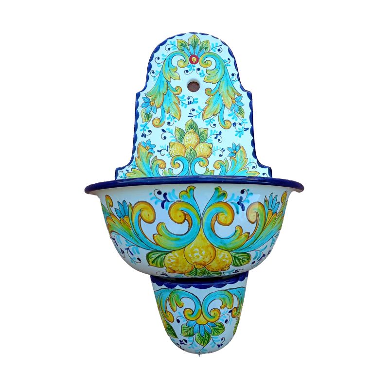 Fuente de jardín de pared con bañera Línea limones y barroca. Cerámica Vietri