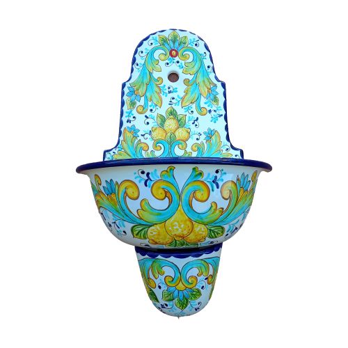 Garden fountain. Baroque and Lemon line. Vietri ceramic. Hand-painted. Artisan elegance for your outdoor space.