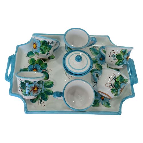 Plateau avec 6 tasses et sucrier. Ligne Fleurs. Céramique de Vietri. Peint à la main.