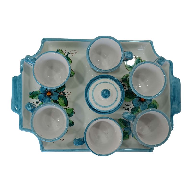 Tray with 6 cups and sugar bowl. Flowers line....