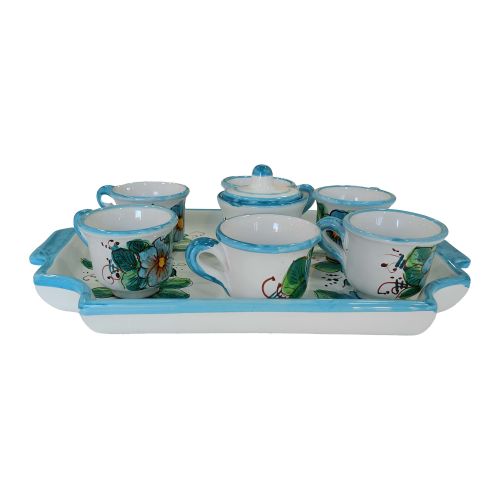 Tray with 6 cups and sugar bowl. Flowers line. Vietri...