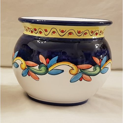 Cachepot Portapianta fondo Blu e bianco con decoro colorato. Ceramica di Vietri dipinta a mano.