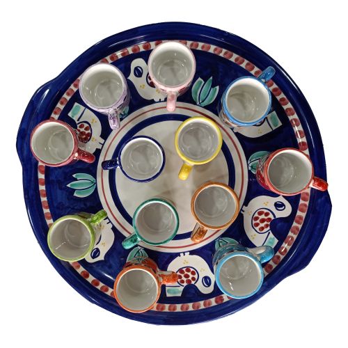 Plateau avec 12 tasses. Ligne Petits Animaux. Céramique de Vietri. Peint à la main.