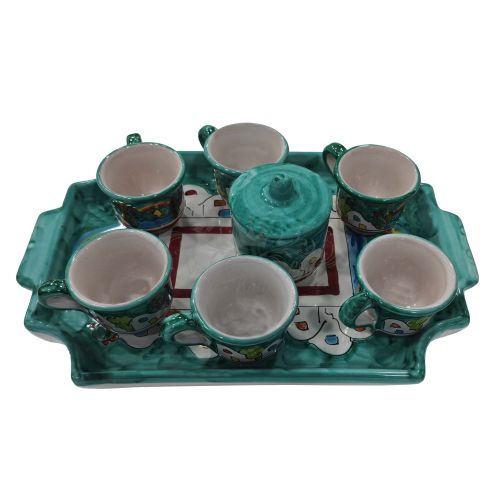 Set of coffee cups with tray houses Line. handpainted... 2