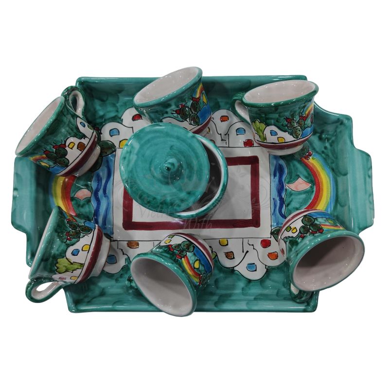 Tray with 6 cups and sugar bowl. Casette line....