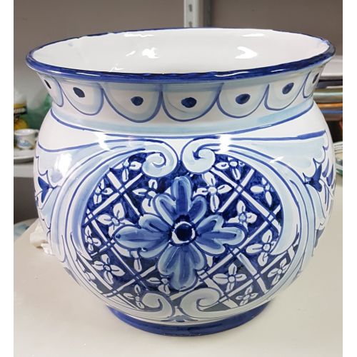 Plant holder white  Background con decoro Blu. handpainted Vietri ceramic