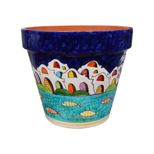 Conical pot for plants Houses Line. handpainted Vietri ceramic