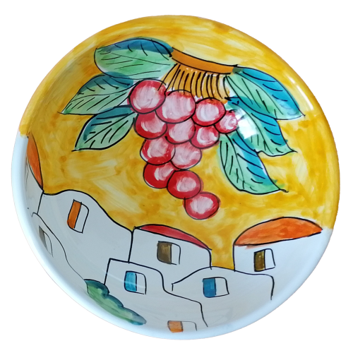 Glatte Tasse, tiefer Teller, Schüssel, Salatschüssel. Linie Casette Positano. Handbemalte Vietri-Keramik.