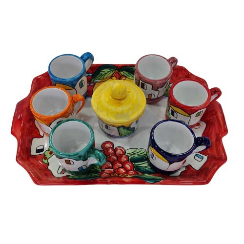 Bandeja con 6 tazas y azucarero. Línea Casitas. Cerámica de Vietri. Pintado a mano.