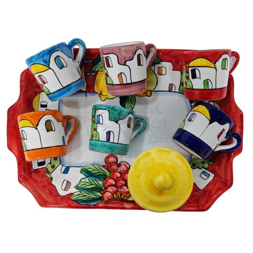 Tray with 6 cups and sugar bowl. Little Houses line. Vietri ceramic. Hand-painted.