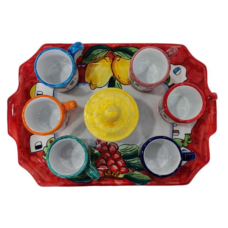 Bandeja con 6 tazas y azucarero. Línea Casitas....