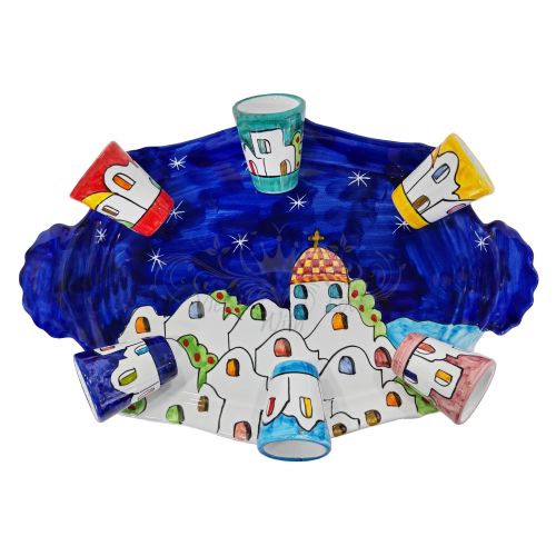 Limoncello-Set. Flasche, Tablett, 6 Gläser. Häuschen-Linie. Handbemalte Vietri-Keramik.