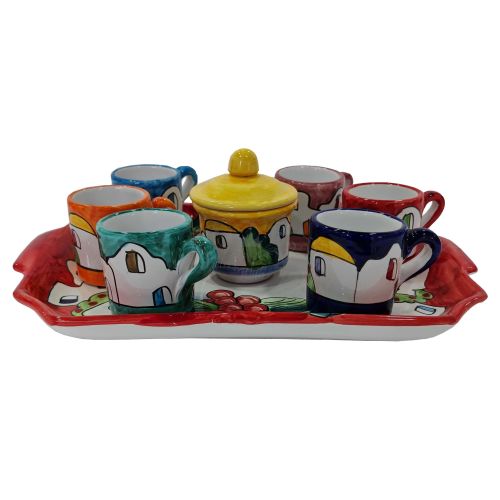 Bandeja con 6 tazas y azucarero. Línea Casitas. Cerámica de Vietri. Pintado a mano.