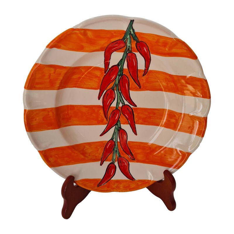Piatto linea righe e peperoncini dipinti a mano in ceramica vietrese - disponibili fondi, piani, frutta/dolce o sottopiatti