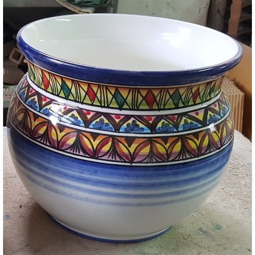 Cachepot Portapianta decoro geometrico, bordo Blu. Ceramica di Vietri dipinta a mano.
