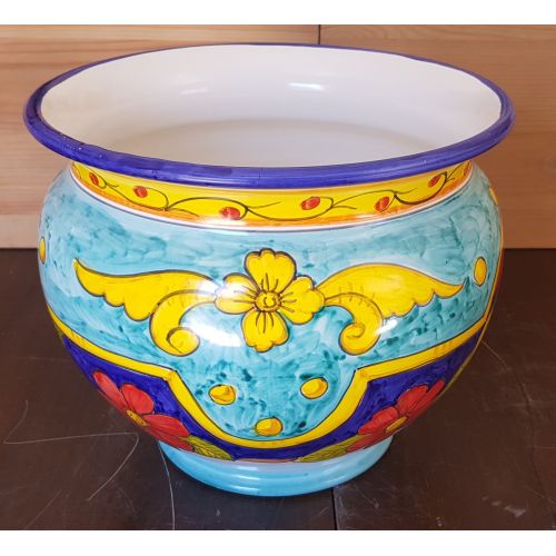 Cachepot Portapianta fondo verde ramina. Ceramica di Vietri dipinta a mano.