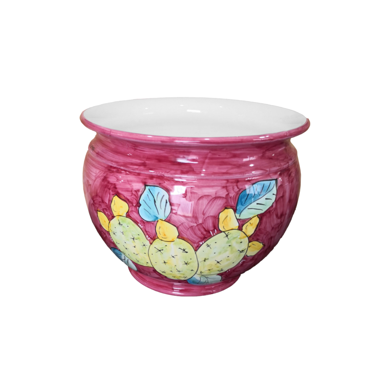 Cachepot Portapianta fondo rosso vecchio, soggetto Cactus. Ceramica di Vietri dipinta a mano.