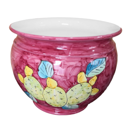 Cachepot Portapianta fondo rosso vecchio, soggetto Cactus. Ceramica di Vietri dipinta a mano.