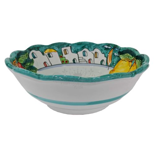 Salatschüssel mit Wellenschliff. Handbemalte Vietri-Keramik Häuser und Zitronen linie