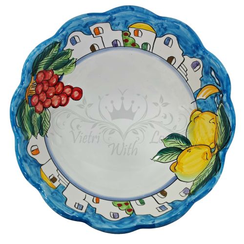 Salatschüssel mit Wellenschliff. Handbemalte Vietri-Keramik Häuser und Zitronen linie