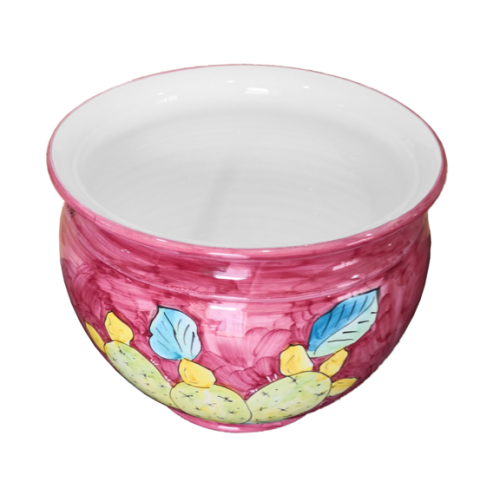 Cachepot Portapianta fondo rosso vecchio, soggetto Cactus. Ceramica di Vietri dipinta a mano.