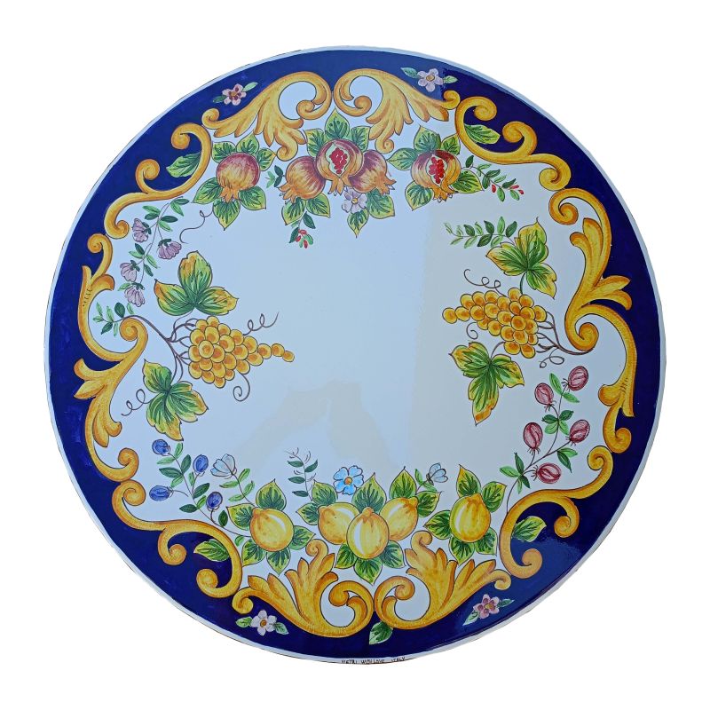 Table en pierre de lave céramisée rond ligne citrons et baroque peint à la main. Céramique Vietri