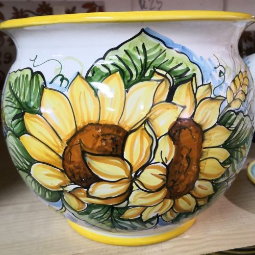 Plant holder white  Background, Girasoli. handpainted Vietri ceramic