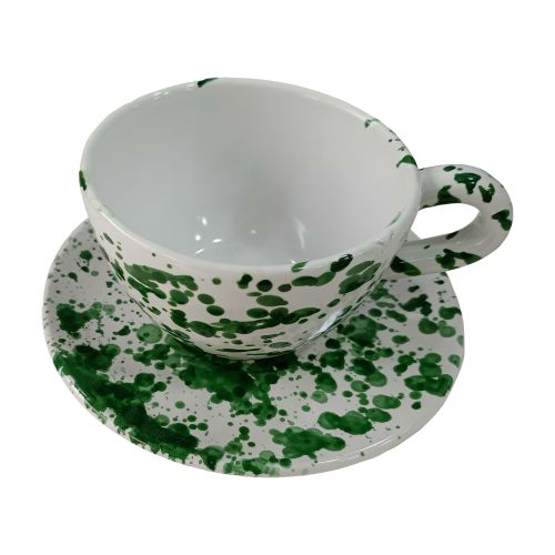 Kaffeetasse mit Untertasse. Moderne Linie, Spritz-Design. Vietri-Keramik. Handbemalt.