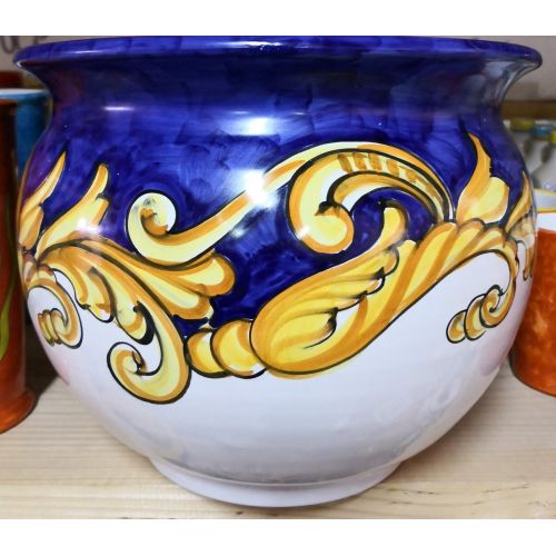 Cachepot Portapianta decoro barocco bordo Blu. Ceramica di Vietri dipinta a mano.