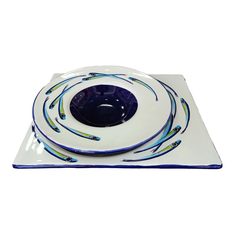 Placemat plate and Priest hat plate. Sardines...