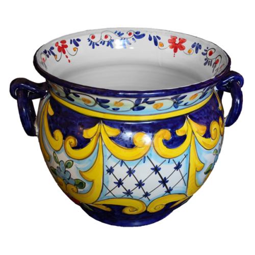 Cachepot Portapianta con manici decoro barocco bordo Blu. Ceramica di Vietri dipinta a mano.