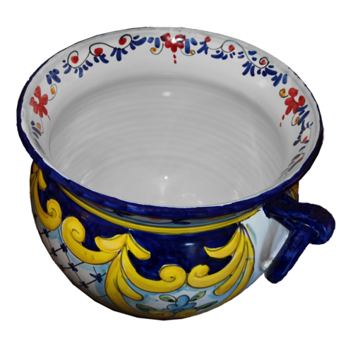 Cachepot Portapianta con manici decoro barocco bordo Blu. Ceramica di Vietri dipinta a mano.