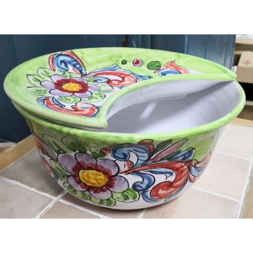 Sponzapane Porta Mozzarella decoro floreale fondo verde chiaro - Ceramica di Vietri dipinta a mano