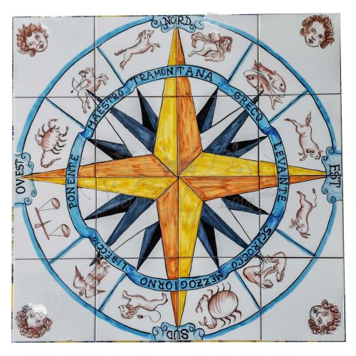 Pannello murale. Rosa dei Venti. Ceramica vietrese. Dipinta a mano.