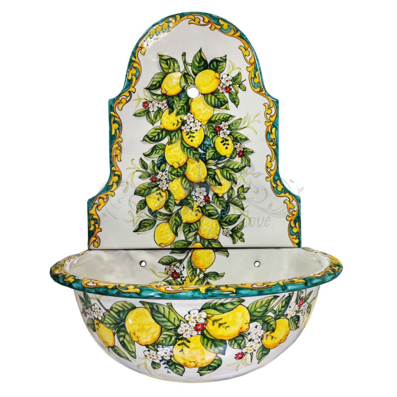 Fuente de jardín de pared con bañera Línea limones y barroca. Cerámica Vietri